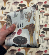 Load image into Gallery viewer, Fungi tea towel by Alice Draws the Line, botanical Fungi Illustrations by Alice Savery, ink and watercolour printed onto unbleached organic cotton, made in the UK