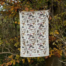 Load image into Gallery viewer, Fungi tea towel by Alice Draws the Line, botanical Fungi Illustrations by Alice Savery, ink and watercolour printed onto unbleached organic cotton, made in the UK