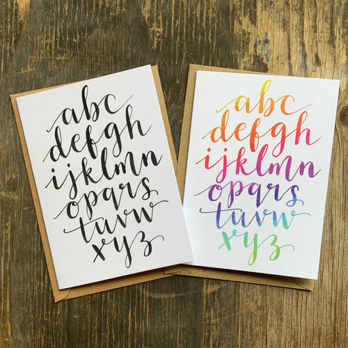 Modern calligraphy alphabet cards for lettering lovers, brush lettering alphabet by Alice Draws The Line black ink and rainbow