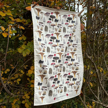 Load image into Gallery viewer, Fungi tea towel by Alice Draws the Line, botanical Fungi Illustrations by Alice Savery, ink and watercolour printed onto unbleached organic cotton, made in the UK