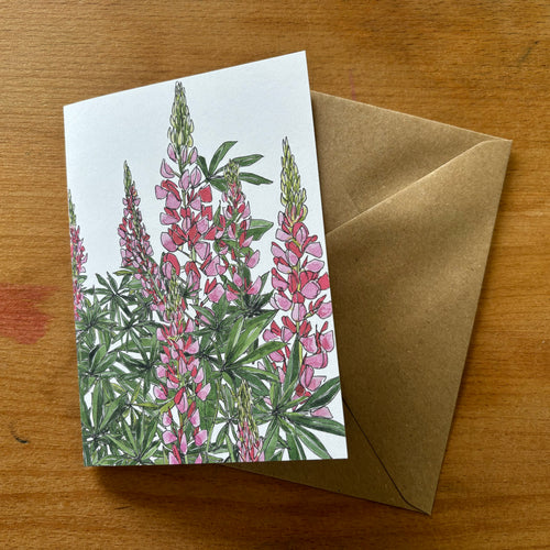 Lovely lupins greeting card by Alice Savery artist of Alice Draws the Line, botanical greeting cards on recycled card, printed in the UK