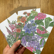 Load image into Gallery viewer, A set of three cards with botanical illustrations by Alice Savery artist, lupins, hydrangeas and dahilas in the height of summer by Alice Draws the Line