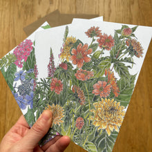 Load image into Gallery viewer, A set of three cards with botanical illustrations by Alice Savery artist, lupins, hydrangeas and dahilas in the height of summer by Alice Draws the Line