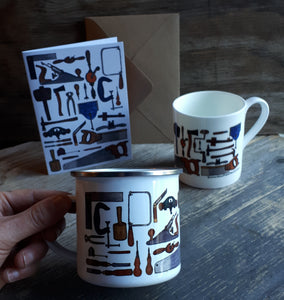 Carpentry Cup by Alice Draws the Line, Traditional woodworking tools on a china mug, enamel mug or greeting card